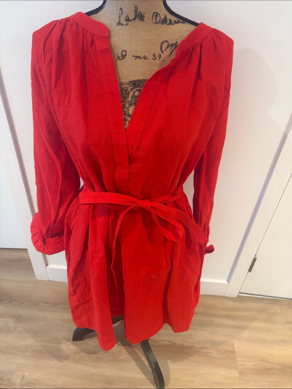 NWT J. Crew Red Long-Sleeve V-Neck Tie-Waist Dress